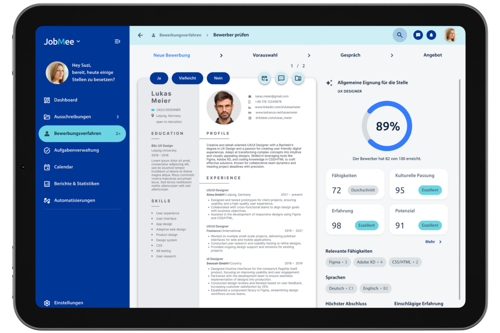JobMee KI-Scoring Dashboard mit Bewerberprofil und Matching Score von 89 Prozent