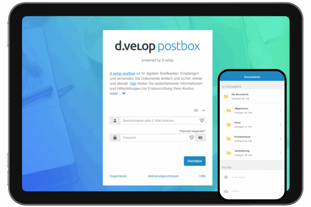 digitale d.velelop Postbox für HR-Dokumente auf Tablet und Smartphone - DPS|BS Marketplace Lösungen